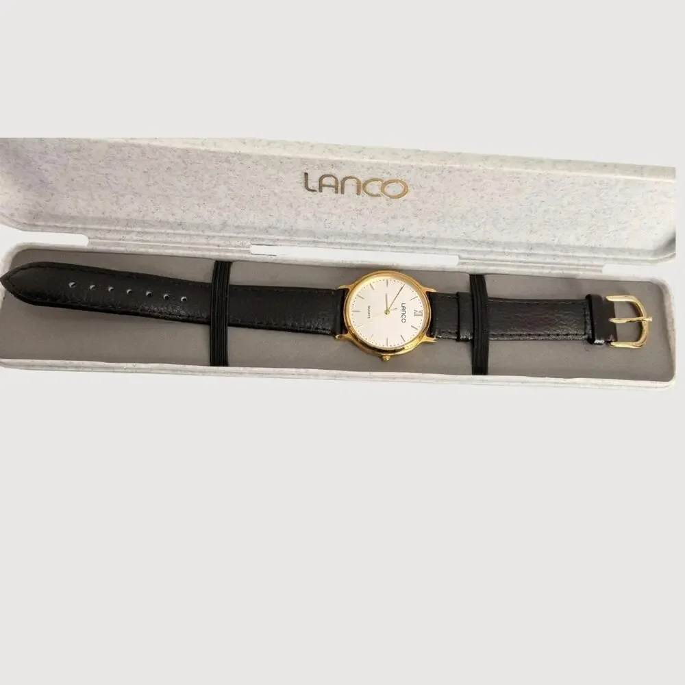 Lanco Swiss Quartz Watch Black Leather Strap Classic Minimalist Timepiece